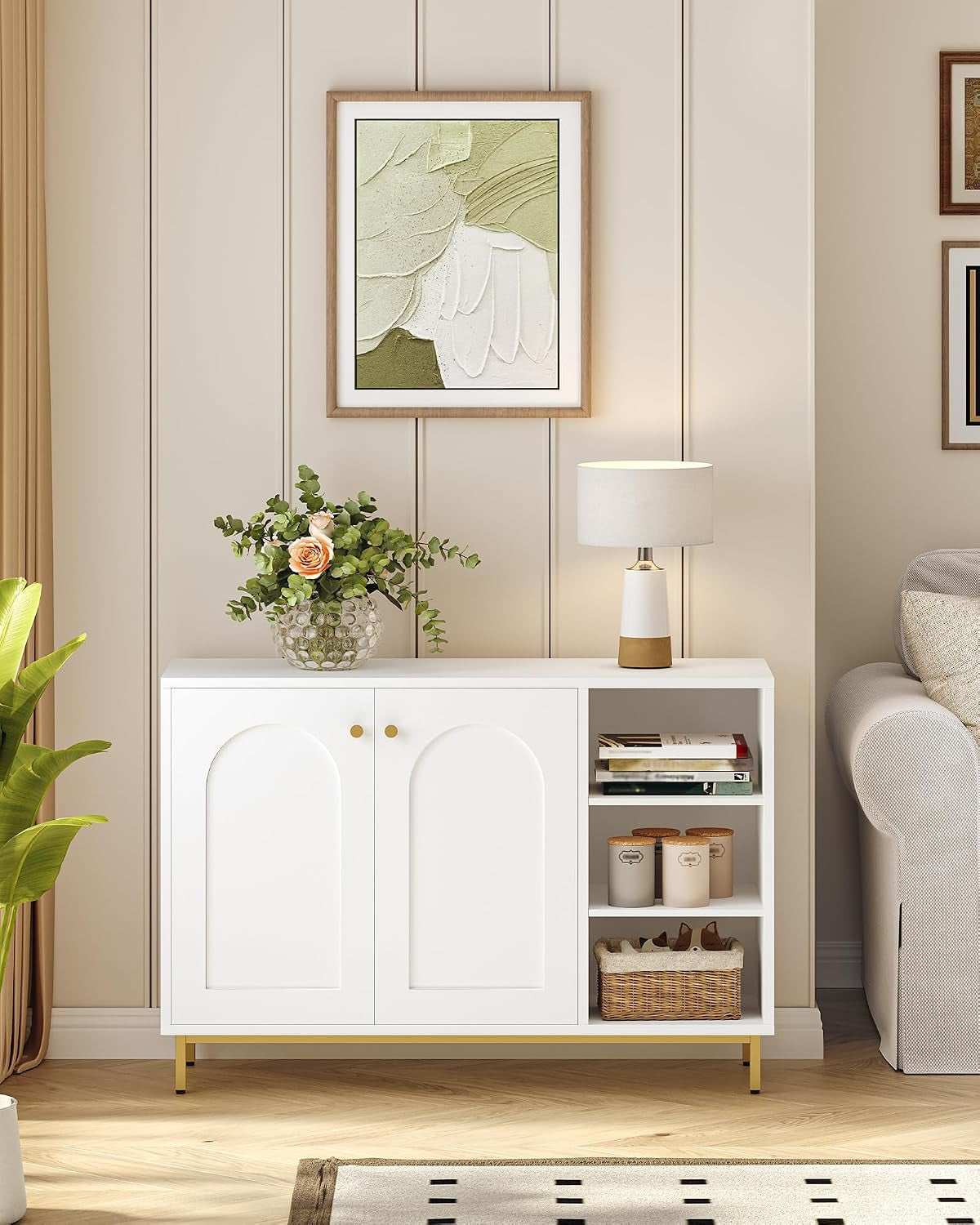 Meuble De Salle De Bain Avec 2 Portes, 3 Compartiments Ouverts | Meuble De Rangement Et Étagères Réglables, Armoire Sur Pied, Pour Salon, Entrée, 35 X 100 X 75 Cm, Blanc-Or SC10203G