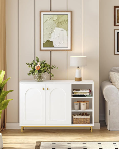 Meuble De Salle De Bain Avec 2 Portes, 3 Compartiments Ouverts | Meuble De Rangement Et Étagères Réglables, Armoire Sur Pied, Pour Salon, Entrée, 35 X 100 X 75 Cm, Blanc-Or SC10203G