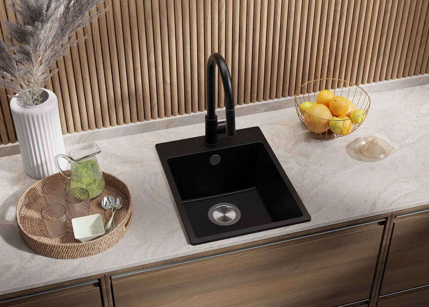 Evier Cuisine En Granit Noir - Riga, 38X50Cm | Lavabo 1 Bac + Kit De Vidage, Évier À Encastrer Au Meuble 40Cm (S035)