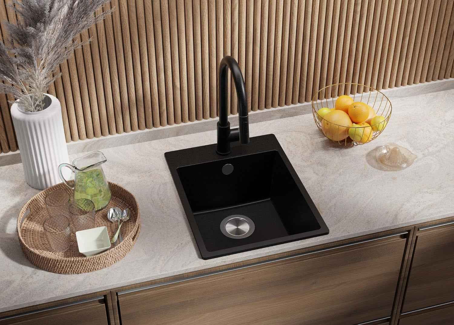Evier Cuisine En Granit Noir - Riga, 38X50Cm | Lavabo 1 Bac + Kit De Vidage, Évier À Encastrer Au Meuble 40Cm (S035)