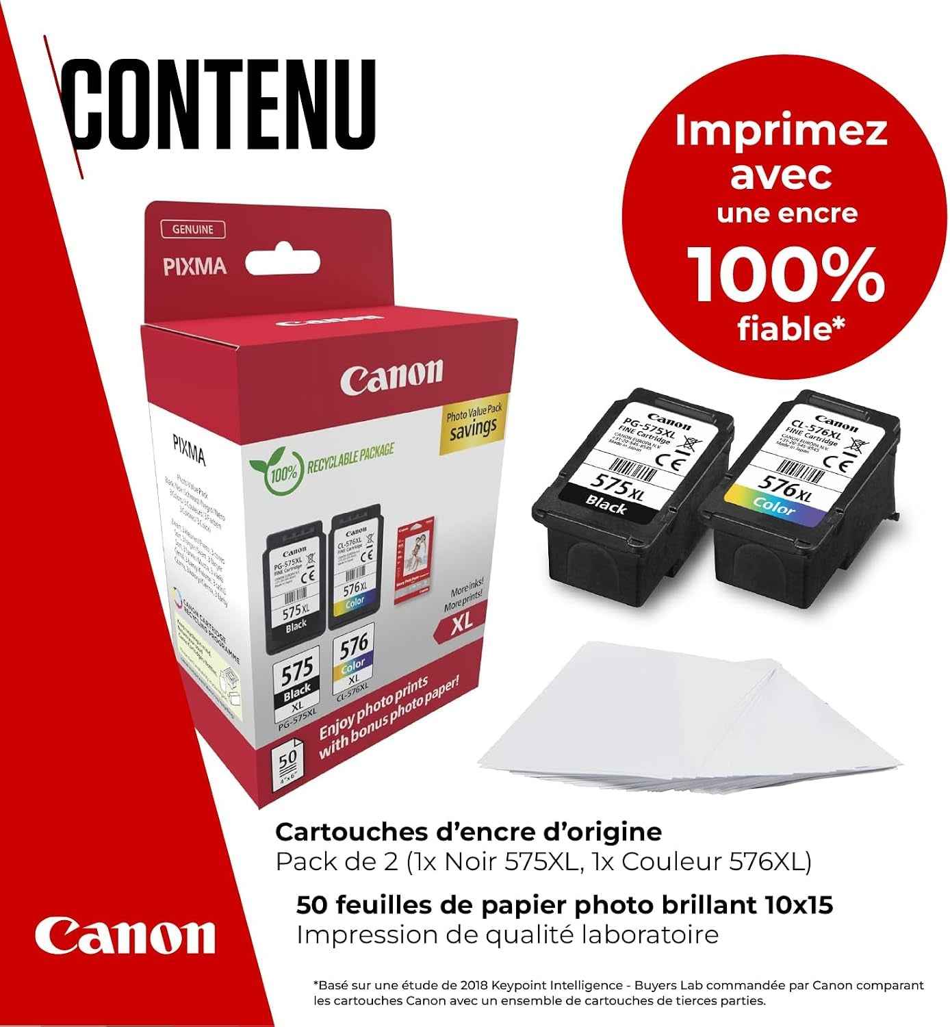 Canon PG-575XL + CL-576XL Fine Cartouches D'Encre D'Origine + Papier Photo | 15Ml + 12.6Ml Encre Authentique Haute Capacité Et Papier Photo - Pour PIXMA Ts3551I, Ts3550I, TS3550, Tr4750I Et plus !