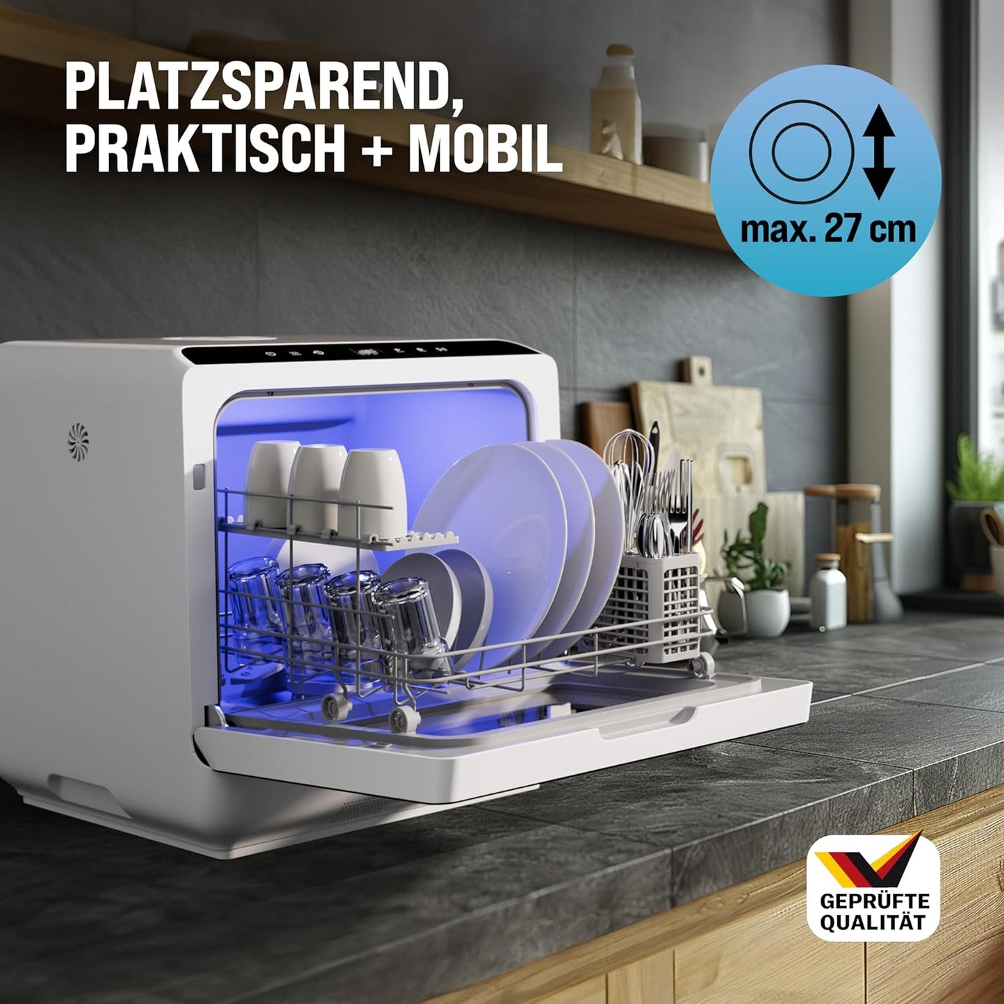 MONZANA® Mini Lave-Vaisselle Noir-Blanc Réservoir D'Eau 4,5L Lave Vaisselle De Table 3 Couverts App WIFI Étudiants Couples