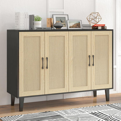 Meuble De Rangement En Rotin Et MDF, Buffets Haut Aspect Avec 4 Portes Sur Salon, Chambre, 127 X 38 X 83 Cm (Noir Et Bois), MEFRSB58