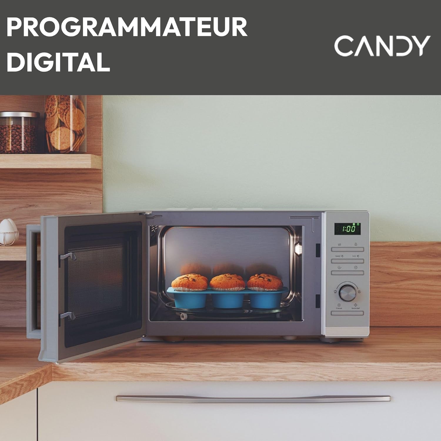 Moderna CMWA23TNDS Four Micro-Ondes 900W 23L Digital, Fonction Décongélation, 14 Menus Automatiques, Plateau Tournant En Verre, 11 Niveaux De Puissance, Cuisson Express, Sécurité Enfant, Argent