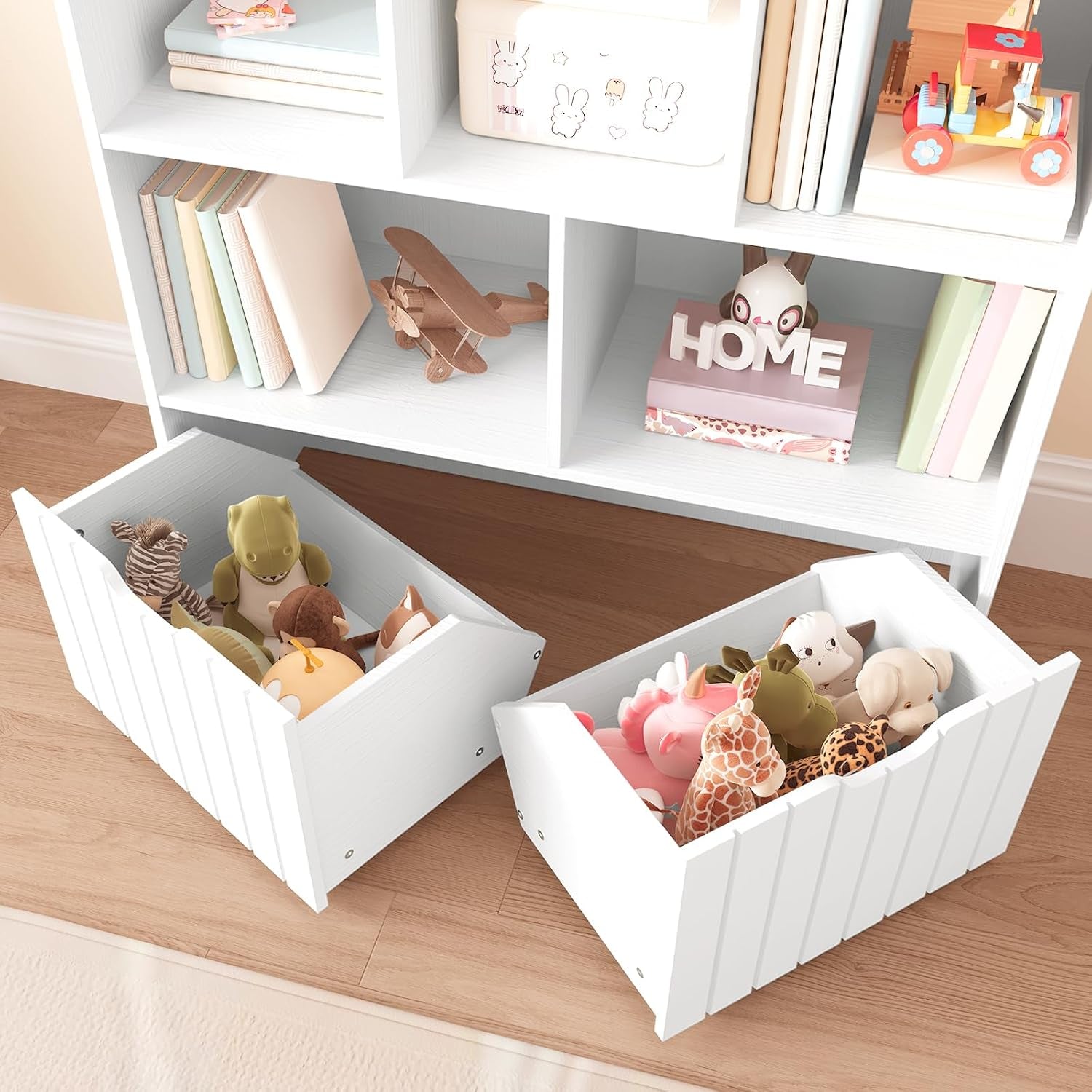 Étagère À Jouets, Bibliothèque Avec 2 Tiroirs Mobiles Indépendants Et 5 Compartiments De Stockage, Meuble De Rangement Multifonctionnel, Pour Salon, Chambre, Salle De Jeux, Blanc EWT88CW01