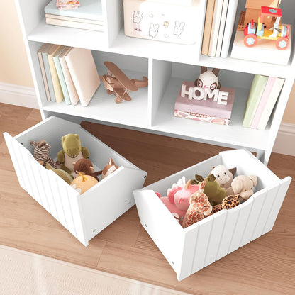 Étagère À Jouets, Bibliothèque Avec 2 Tiroirs Mobiles Indépendants Et 5 Compartiments De Stockage, Meuble De Rangement Multifonctionnel, Pour Salon, Chambre, Salle De Jeux, Blanc EWT88CW01