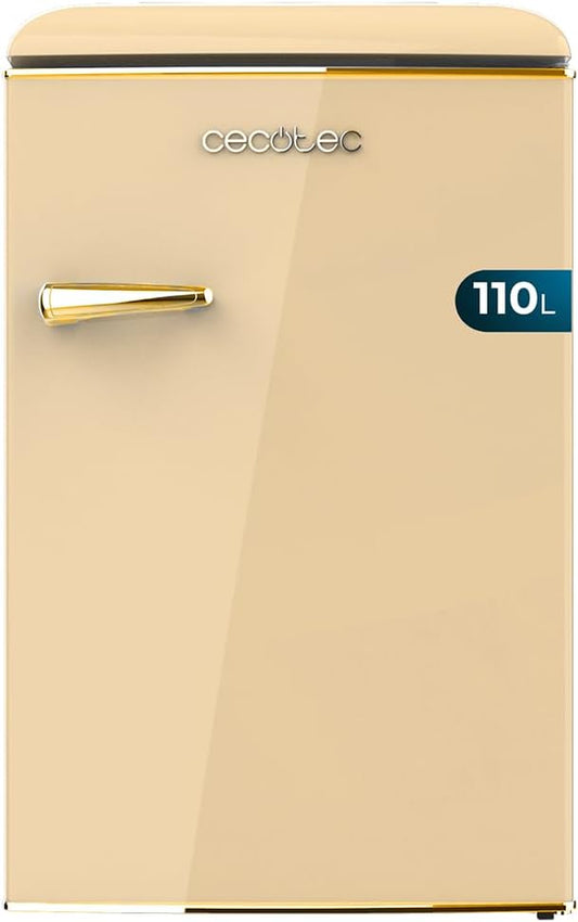 Mini Frigo Réfrigérateur Rétro Bolero Coolmarket TT Origin 110 Beige E. Mini Frigo Rétro Avec Une Capacité De 110L, Classe E, Icebox, LED Intérieur, Poignée Chromée, Plateaux En Verre