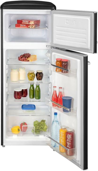 Exquisit Réfrigérateur Rétro RKGC270-45-H-160E - Noir Mat - Volume : 206 L - Réfrigérateur Rétro Avec Congélateur - Avec Étagères De Porte Et Étagères En Verre - Lumière LED