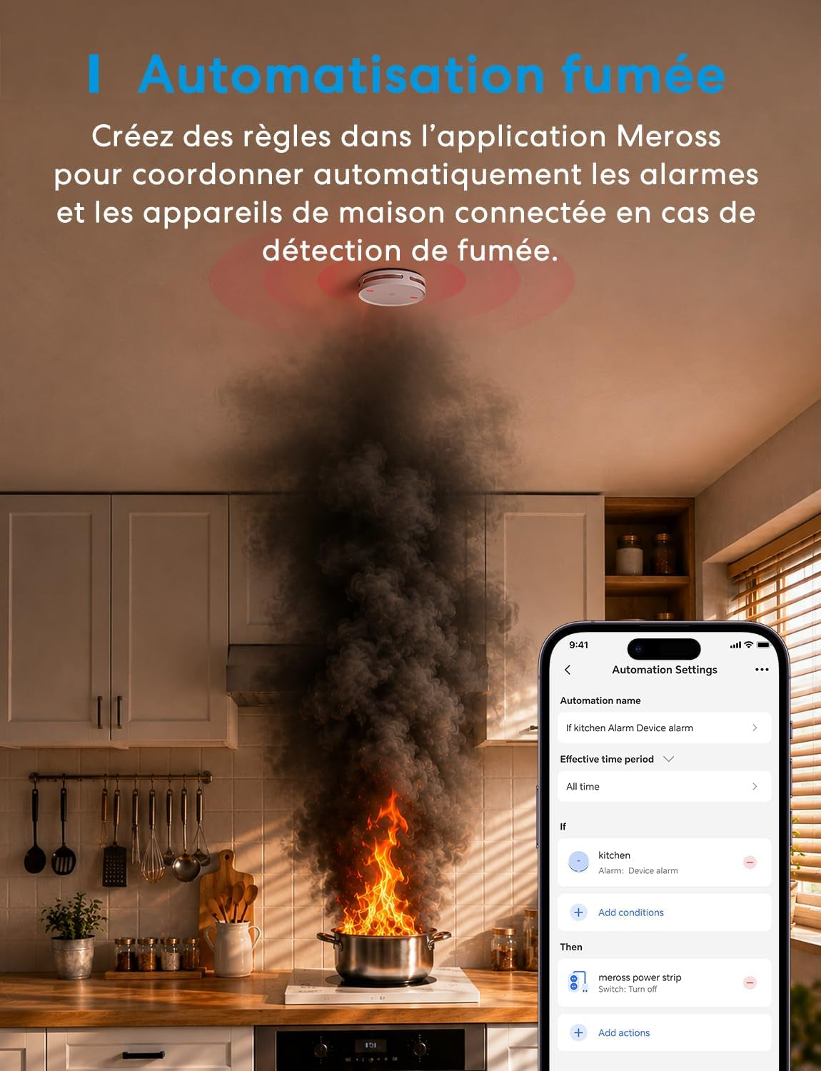 Matter Détecteur De Fumée Connecté Avec Hub MSH450, Alarme Incendie Intelligente Wifi Avec Notification App, LED Rouge D’Évacuation, Avec Apple Home, Home Assistant, Conforme EN14604, 1 Pièce