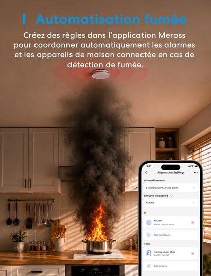 Matter Détecteur De Fumée Connecté Avec Hub MSH450, Alarme Incendie Intelligente Wifi Avec Notification App, LED Rouge D’Évacuation, Avec Apple Home, Home Assistant, Conforme EN14604, 1 Pièce