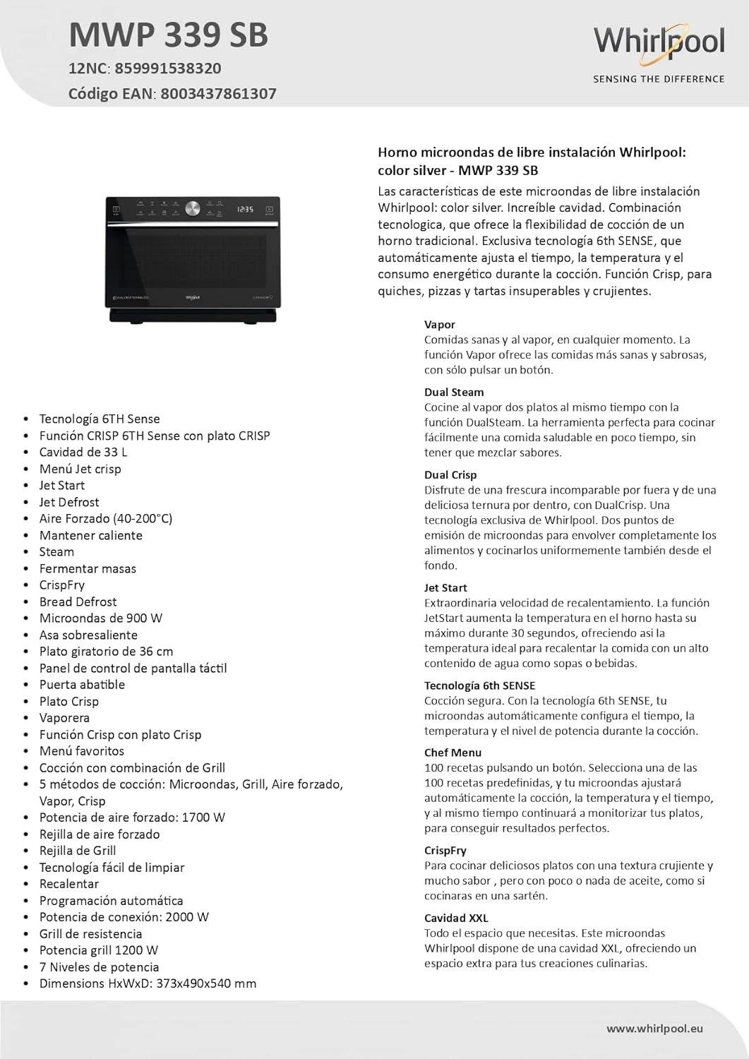 Whirlpool MWP 339 SB Micro-Onde Combiné 33L 900W Noir, Argent - Micro-Ondes (Micro-Onde Combiné, 33 L, 900 W, Rotatif, Tactil, Noir, Argent, 1200 W)