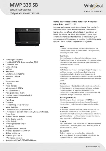 Whirlpool MWP 339 SB Micro-Onde Combiné 33L 900W Noir, Argent - Micro-Ondes (Micro-Onde Combiné, 33 L, 900 W, Rotatif, Tactil, Noir, Argent, 1200 W)