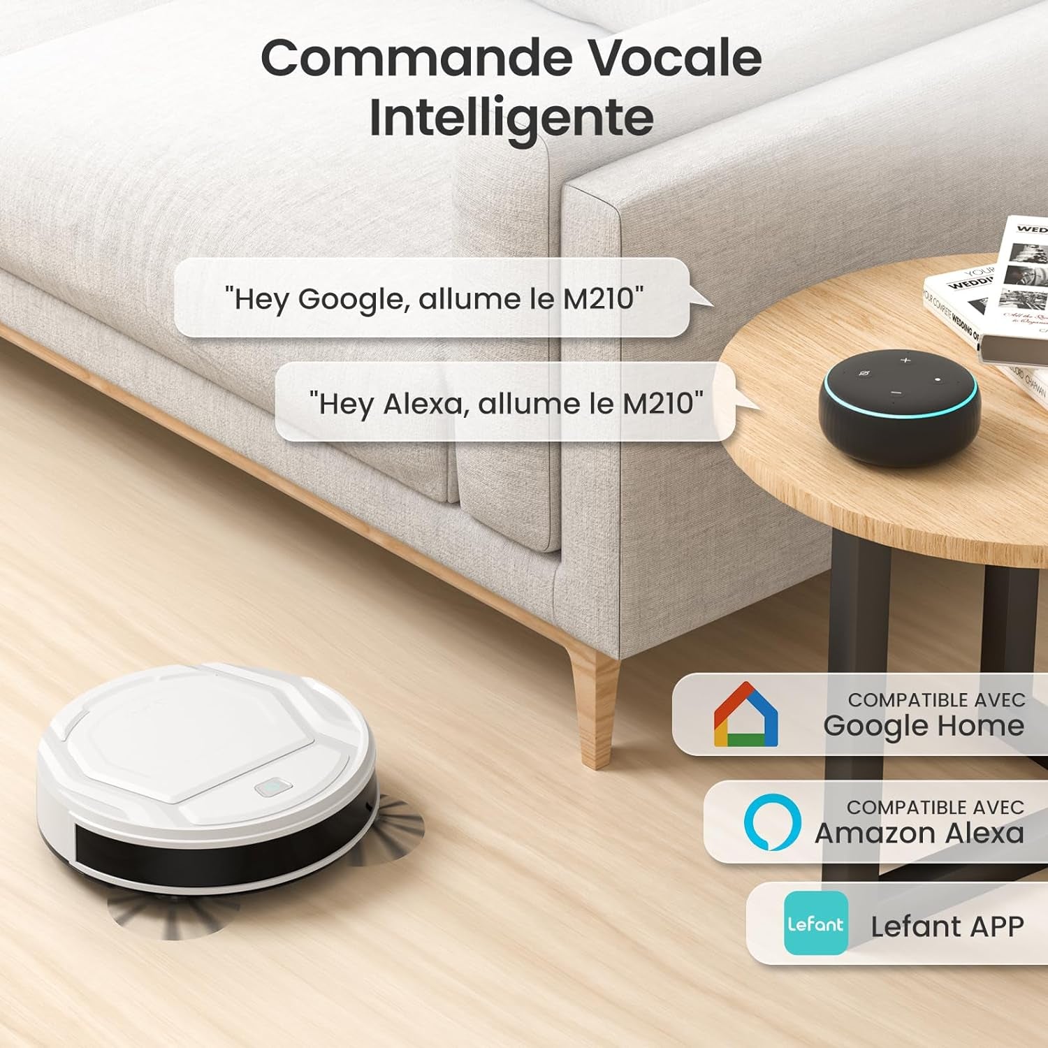 Aspirateur Robot, Robot Aspirateur Autonomie Mince Silencieux, Connecté Avec Wifi/Alexa/App, 3 Modes D'Aspirations, Programmable, Idéal Pour Les Poils D'Animaux Tapis Sols Durs, M210 Blanc