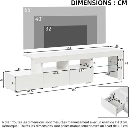 Meuble TV LED 180 Cm, Meuble Tele Avec Rangement, Meuble TV LED Haute Brillance, Pour TV Jusqu'À 75 Pouces, Blanc, 180 X 35 X 45 Cm
