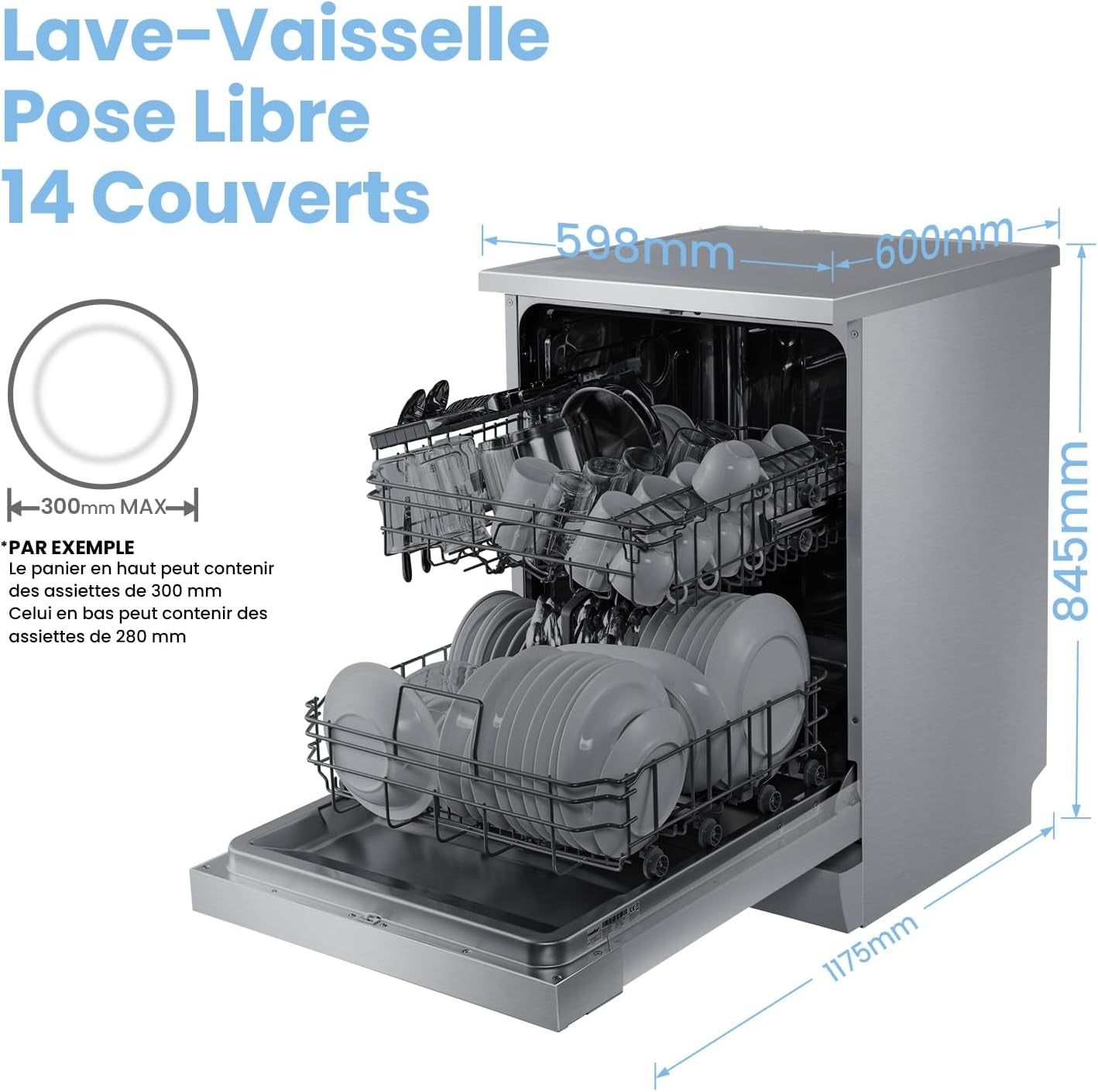 Lave-Vaisselle Pose Libre ' FD1435E-X Pour 14 Couverts, Grand Format, 44 Db, Grand Écran LED, Départ Différé, Fonctionnalité Demi-Charge, Supports Flexibles, Acier Inoxydable