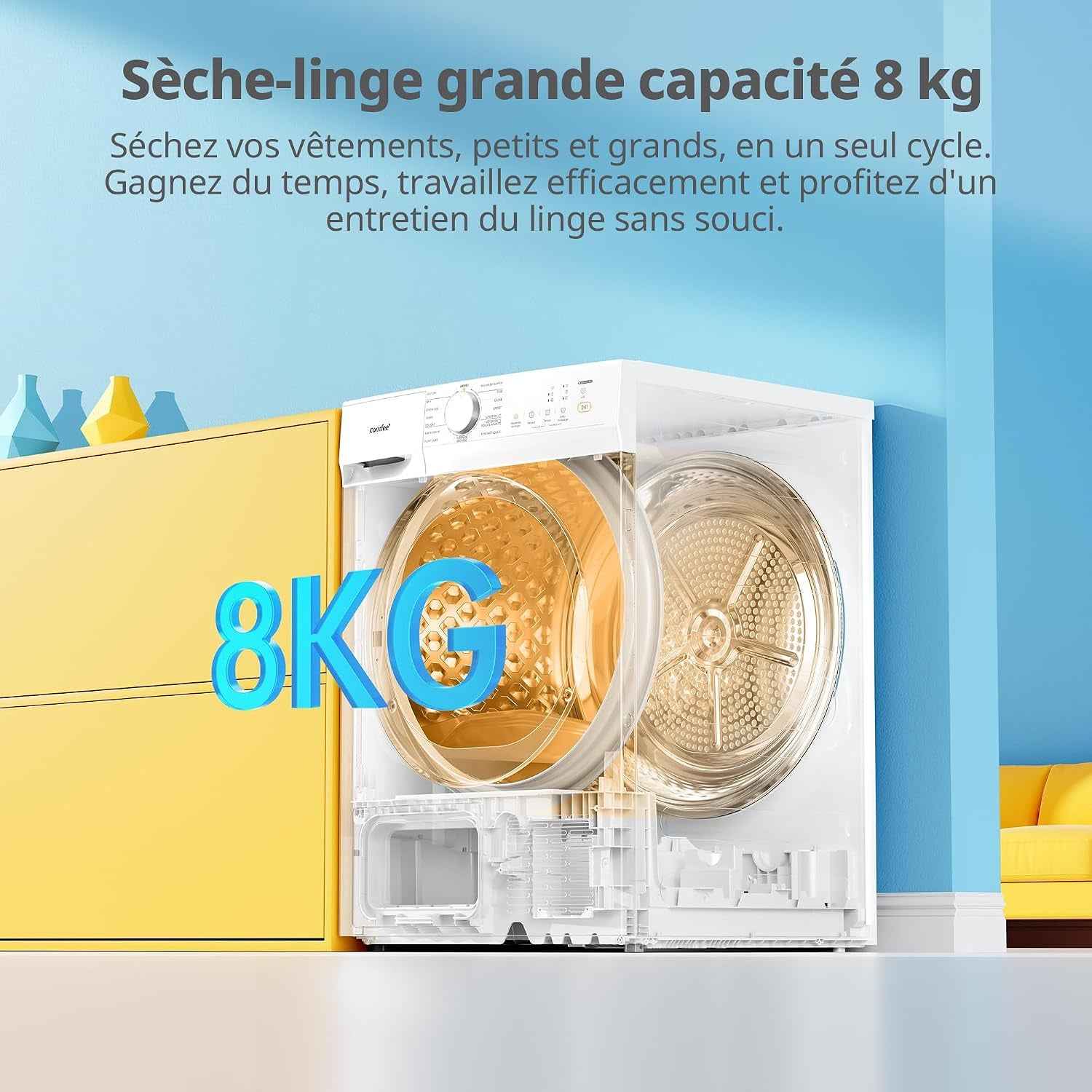 ' Sèche Linge Pompe À Chaleur 8KG Classe D Smart Dry CD08EHP05W | Séchage Rapide, Élimination Des Poils D'Animaux, 15 Programmes, Fonction Anti-Rides, Fonction Rafraîchissante, Blanc