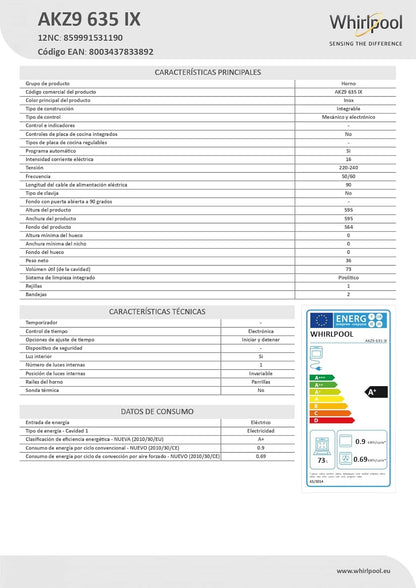 Whirlpool AKZ9635IX Four Encastrable - Multifonction, Chaleur Tournante Ou Pulsée, 73L, Porte Froide (4 Vitres), Inox, Noir, Classe A+