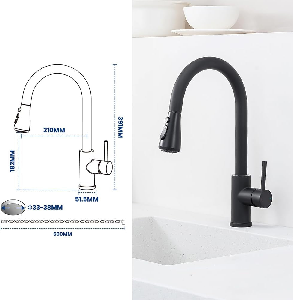 Évier De Cuisine Noir 70 X 45 X 20 Cm Avec Robinet Noir Extensible En Granit Avec Bonde Et Trop-Plein, 1 Bac Encastrable À Partir De 80 Cm De Largeur D'Armoire, Évier De Cuisine Avec Robinet