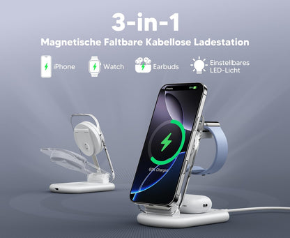 Chargeur Mag Safe, Station De Recharge Apple Watch Et Iphone, 3 En 1 Compatible Avec Iphone 17E 17 16 15 14 13 12 Pro Max/Air/Plus/Pro, Pour Apple Watch 10/9, Airpods 3/2/Pro, Pliable, Blanc