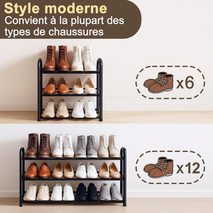 Meuble À Chaussure Entrée Étroit Extensible 3 Niveaux, Rangement Porte Étagère À Chaussure En Métal Noir 6 À 12 Paires, Pour Entrée, Extérieur, Armoires, Chambres À Coucher