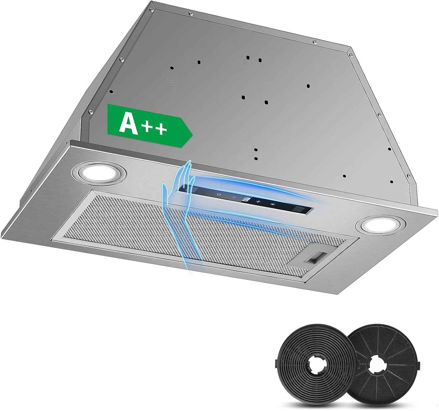 Hotte Aspirante 52Cm Encastrable, 400M³/H Hotte Cuisine, 3 Vitesses & Fonction Booster, Gestuelle, Tactile, Éclairage LED, Évacuation & Recyclage D'Air Avec Filtre À Charbon Et Conduit