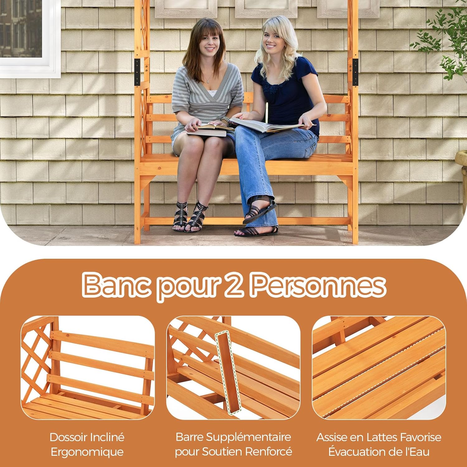 GOPLUS Arche Jardin avec Banc Exterieur, Banc et 2 Treillis pour Plantes Grimpantes, Vignes, Raisins,2 Places, pour Fête, Mariage (50x160x199CM)