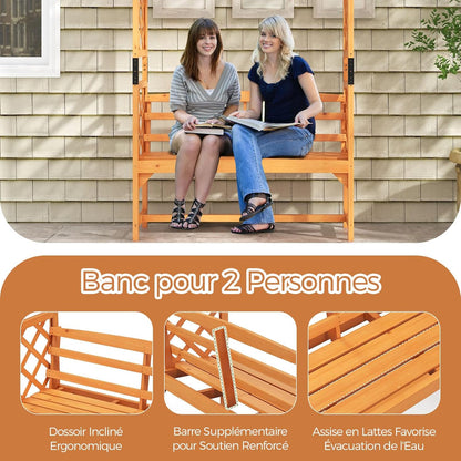 GOPLUS Arche Jardin avec Banc Exterieur, Banc et 2 Treillis pour Plantes Grimpantes, Vignes, Raisins,2 Places, pour Fête, Mariage (50x160x199CM)