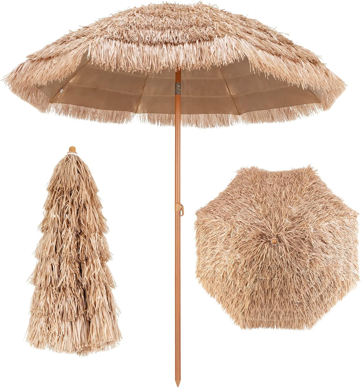 GOPLUS 2,2M Parasol Paille de Plastique, Parasol de Plage avec 8 Baleines, Parasol Inclinable de Style Tropical Hawaïen, UPF 30+, Parasol de Jardin Patio Terrasse, Base Non Inclus (Naturel)