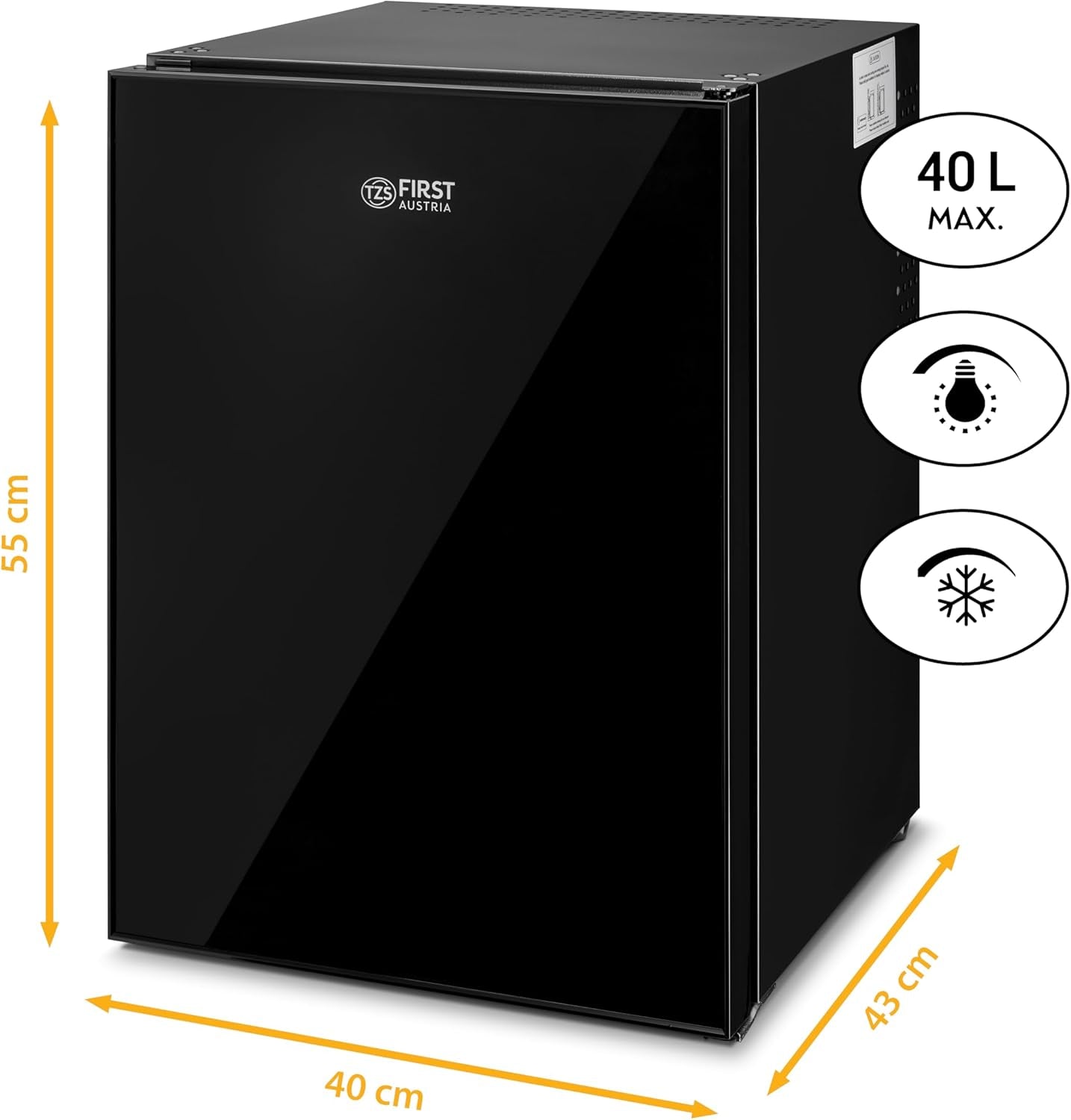 TZS First Austria Mini Frigo De Chambre 40L - Petit Frigo Pratique Et Compact - Idéal Pour Chambre, Bureau, Dortoir - Mini Frigo Économique En Énergie, Éclairage LED, Noir