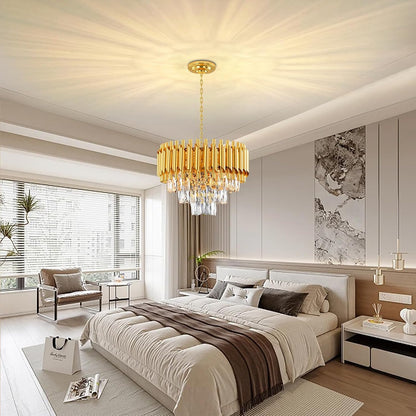 Lustre Golden Crystal Chandelier Lights, Modern Crystal Pendant Light, 3-Tier Raindrop Chandelier Light Fixture, 5Xe14 Lumières, Pour Le Salon, La Salle À Manger, La Chambre, Le Restaurant, Ø40 Cm