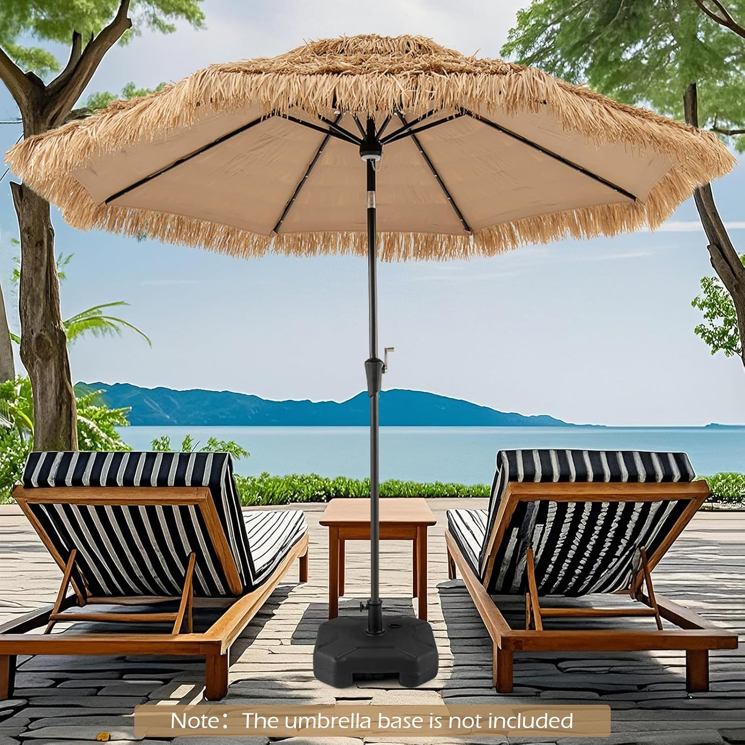 GOPLUS 3M Parasol en Paille PE avec 32 LED Solaires, Parasol Hawaïen Tropical avec Double Toit Inclinable, 8 Baleines, 9 Couches, Manivelle, Anti-UV, Manivelle, pour Jardin Patio Plage