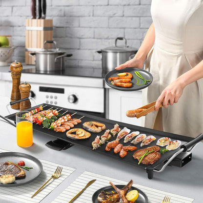GOPLUS Plancha Électrique XXL Antiadhésive avec Thermostat Ajustable, Grille de Table Antidérapante et Lavable avec Poignée Rembourrée, Grande Capacité pour 8 Personnes, 1800W, 90 x 23CM