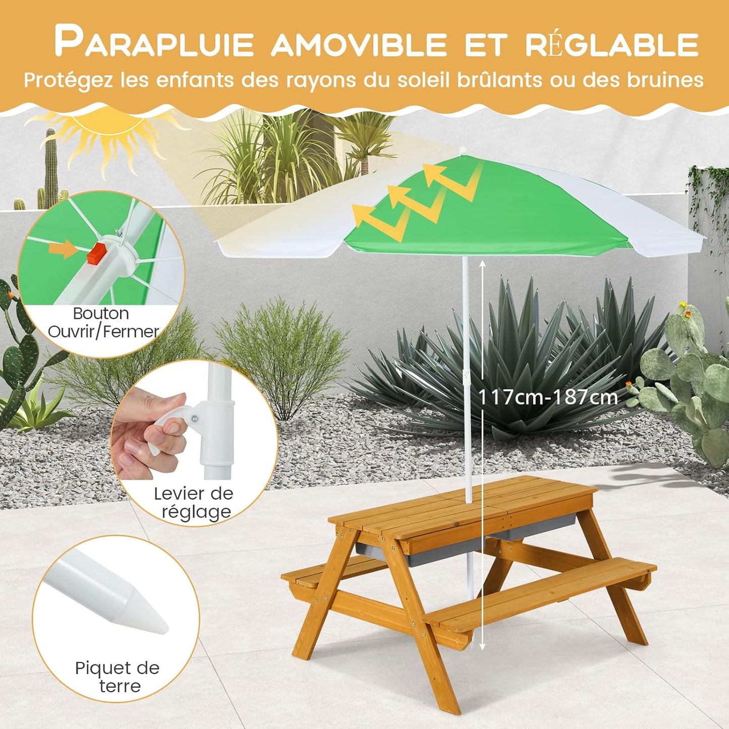 GOPLUS Table Enfant avec Banc et Parasol, 3 en 1 Banc Convertible avec Plateau Amovible et 2 Boîtes de Rangement, Table d’Activité en Bois pour Extérieur, Jardin (Vert+Blanc)