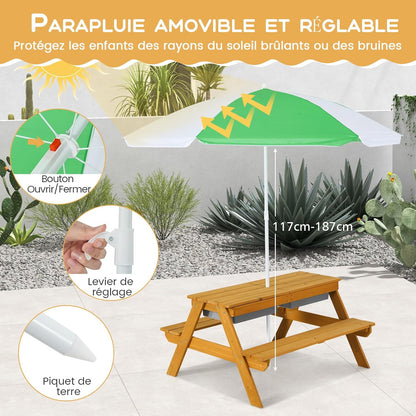 GOPLUS Table Enfant avec Banc et Parasol, 3 en 1 Banc Convertible avec Plateau Amovible et 2 Boîtes de Rangement, Table d’Activité en Bois pour Extérieur, Jardin (Vert+Blanc)