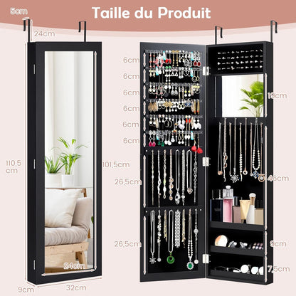 GOPLUS Armoire à Bijoux avec Miroir, Meuble à Bijoux Mural/Suspendu, avec Grand Espace de Rangement, Miroir Pleine Longueur, Miroir de Maquillage Intégré, Montage Mural/Accrocher à la Porte (Noir)