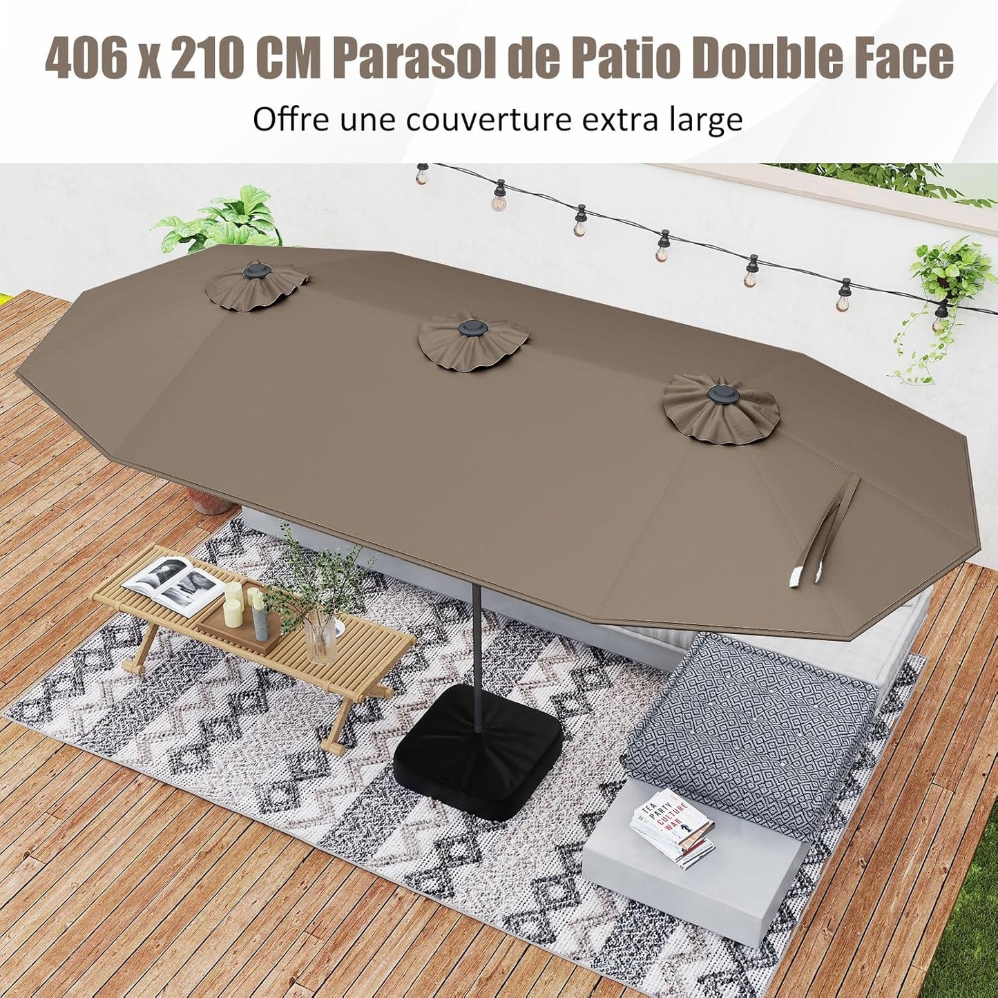 GOPLUS Parasol de Jardin Exterieur avec Pied, 4M Parasol Double Face avec LED, Manivelle et Ventilation, Grand Parasol Extérieur pour 6 Personnes pour Marché, Piscine, Terrasse, Balcon (Café)