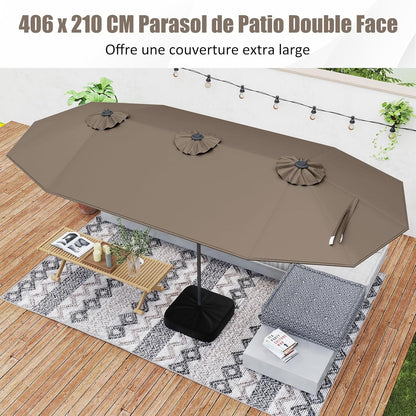 GOPLUS Parasol de Jardin Exterieur avec Pied, 4M Parasol Double Face avec LED, Manivelle et Ventilation, Grand Parasol Extérieur pour 6 Personnes pour Marché, Piscine, Terrasse, Balcon (Café)
