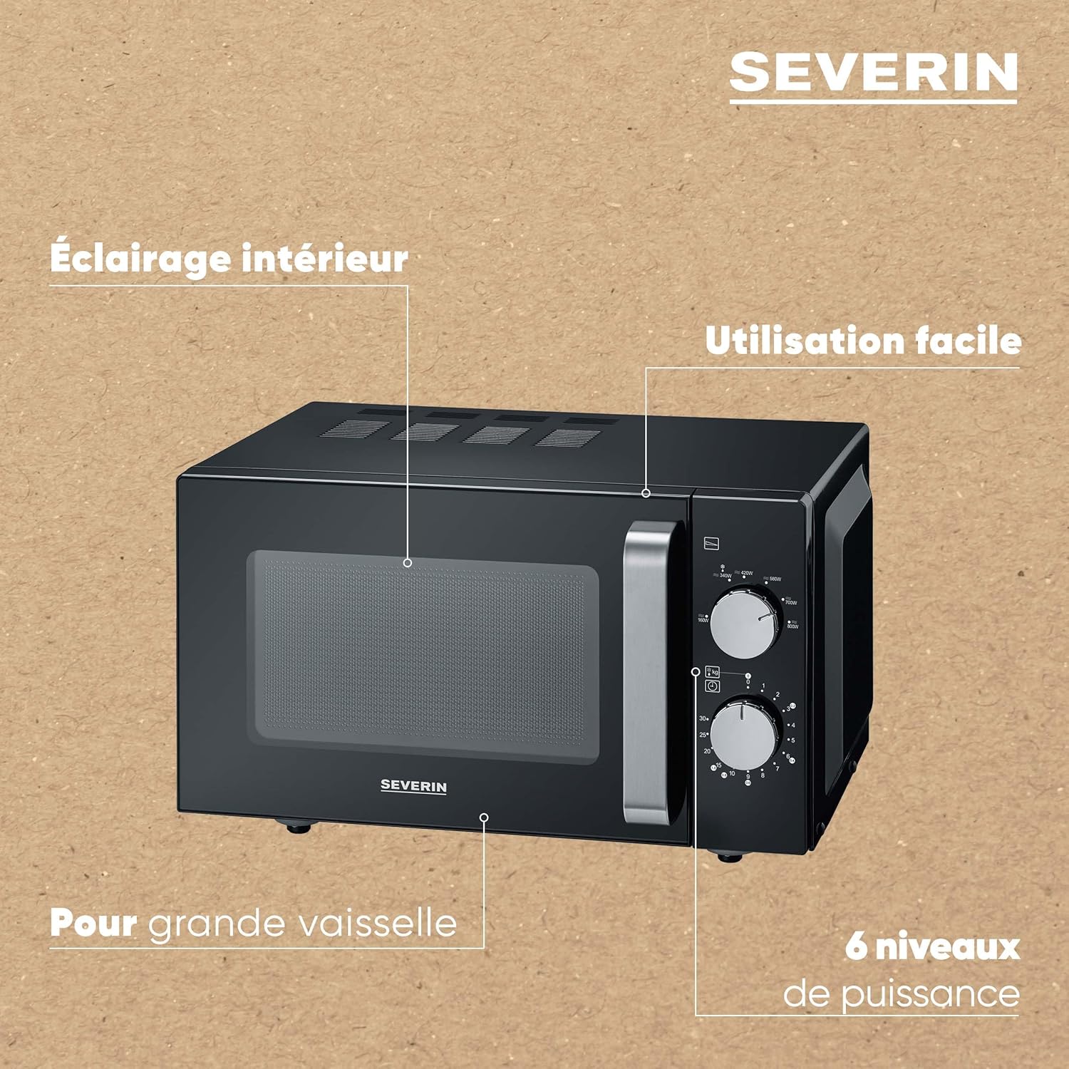 SEVERIN Microwave Oven, 20 L, with Ceramic Flat Bottom, up to 800 W, 6 Power Levels, Black, MW7761