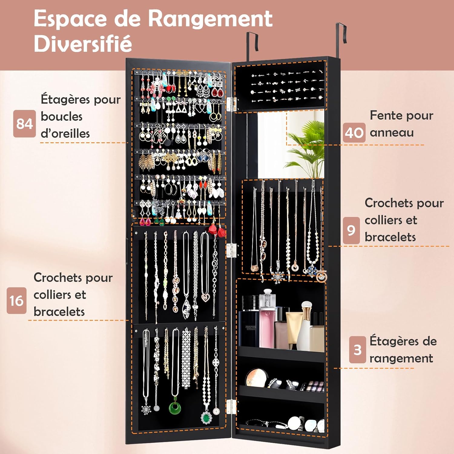GOPLUS Armoire à Bijoux avec Miroir, Meuble à Bijoux Mural/Suspendu, avec Grand Espace de Rangement, Miroir Pleine Longueur, Miroir de Maquillage Intégré, Montage Mural/Accrocher à la Porte (Noir)