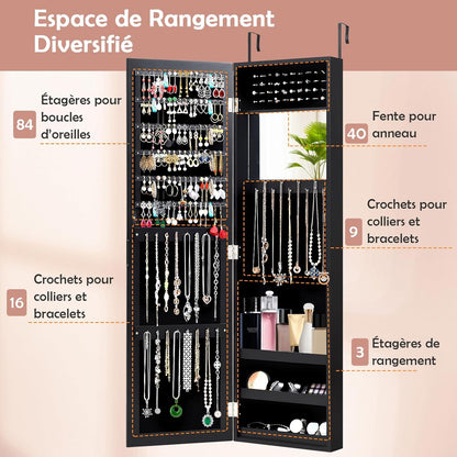 GOPLUS Armoire à Bijoux avec Miroir, Meuble à Bijoux Mural/Suspendu, avec Grand Espace de Rangement, Miroir Pleine Longueur, Miroir de Maquillage Intégré, Montage Mural/Accrocher à la Porte (Noir)