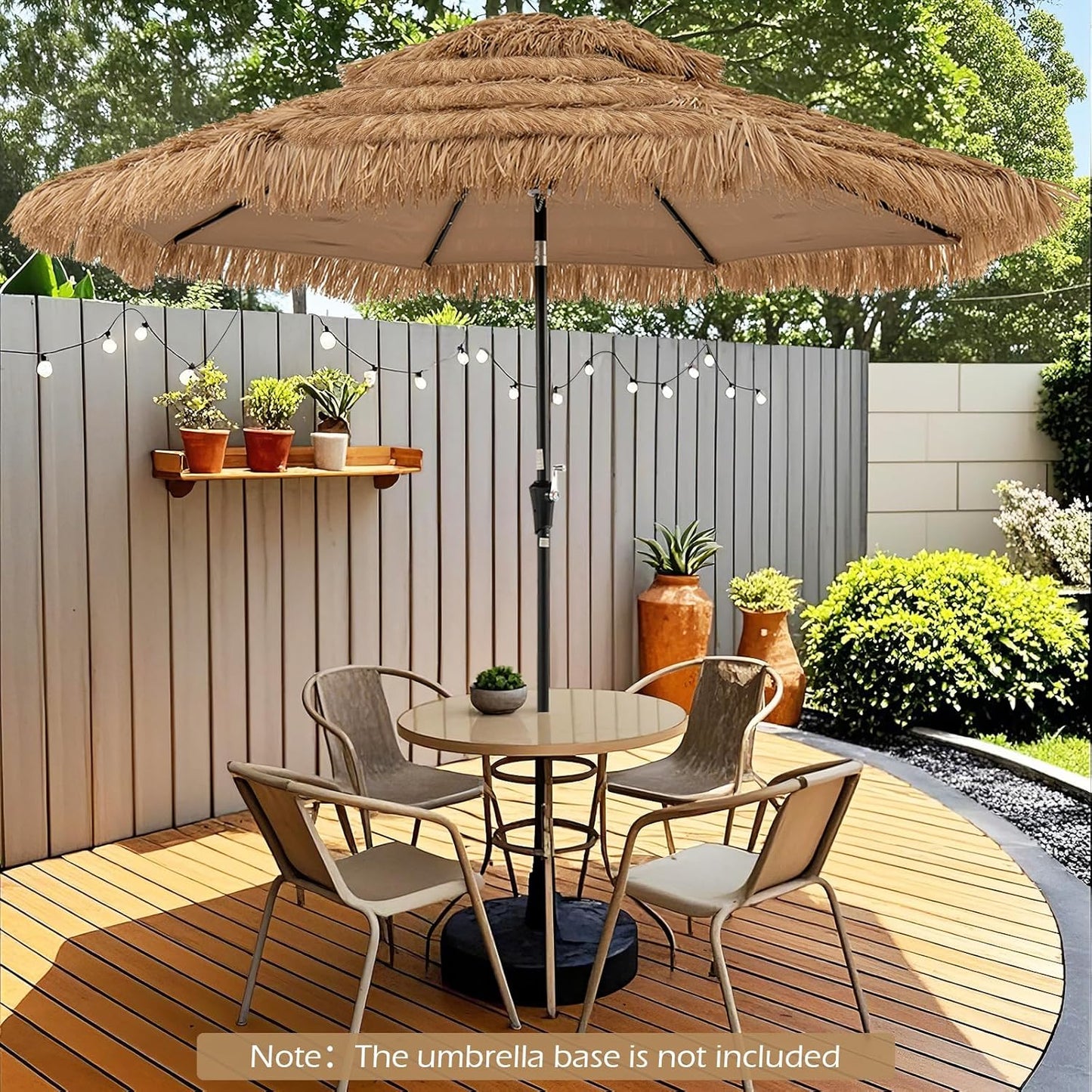 GOPLUS 3M Parasol en Paille PE avec 32 LED Solaires, Parasol Hawaïen Tropical avec Double Toit Inclinable, 8 Baleines, 9 Couches, Manivelle, Anti-UV, Manivelle, pour Jardin Patio Plage
