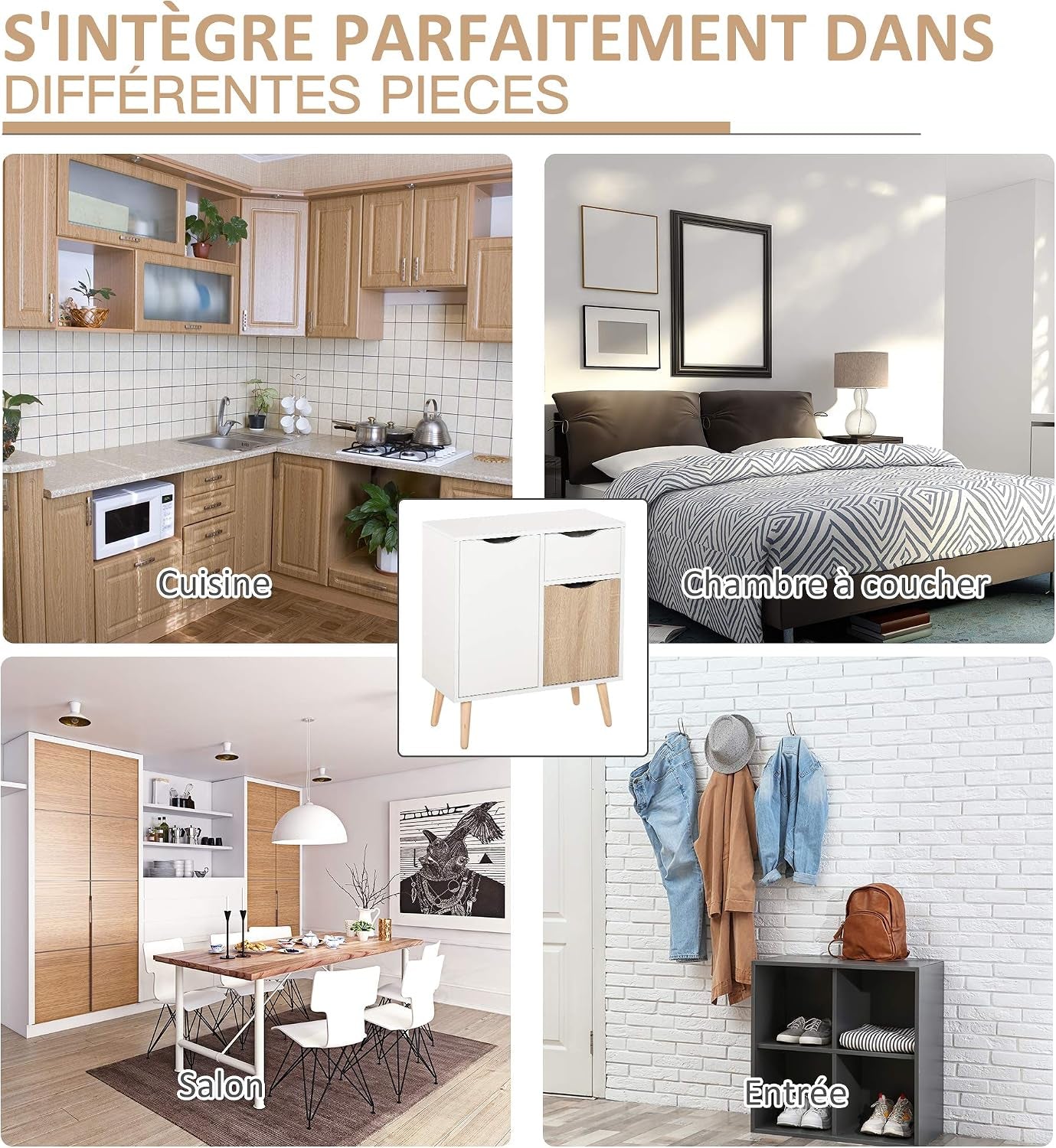Buffet Meuble De Rangement Design Scandinave Blanc Chêne Clair | 2 Placards, Tiroir Coulissant, Bois