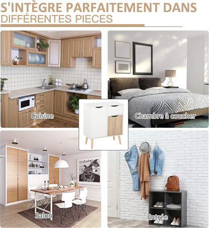 Buffet Meuble De Rangement Design Scandinave Blanc Chêne Clair | 2 Placards, Tiroir Coulissant, Bois