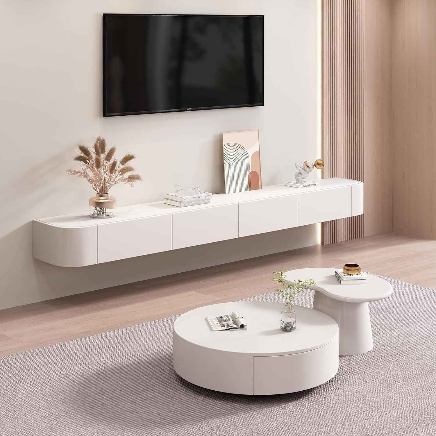 Meuble TV Flottant, Étagères TV Murales Avec Porte, Console Multimédia TV, Meuble TV Flottant, Grand Banc TV De Rangement Sous La Télévision(Blanc,140Cm/55.1")