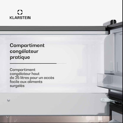 KLARSTEIN Big Daddy Cool - Frigo Réfrigérateur, Réfrigérateur Combiné, Compartiment Bouteilles, Bac Légumes, Eclairage Intérieur, Look Moderne, Nettoyage Facile, Pieds Réglables, 86 L - Argent