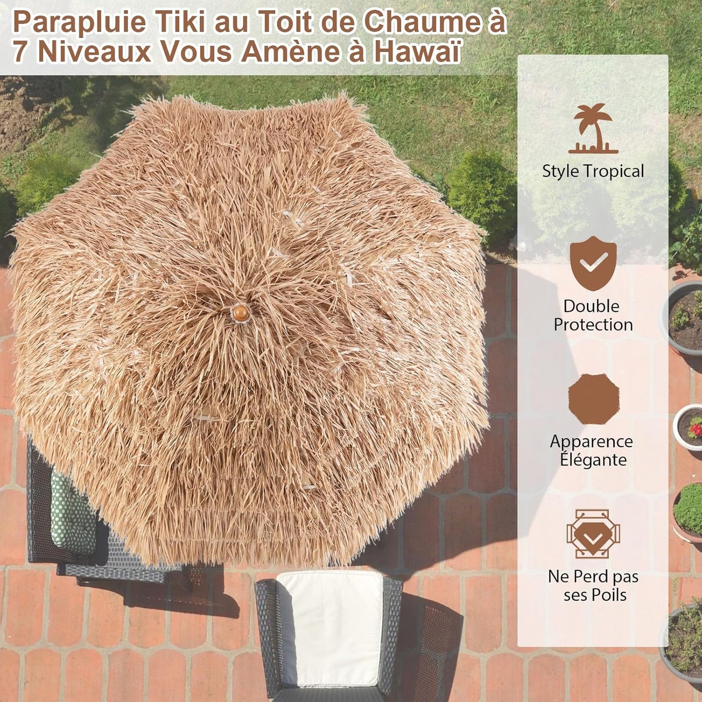 GOPLUS 2,2M Parasol Paille de Plastique, Parasol de Plage avec 8 Baleines, Parasol Inclinable de Style Tropical Hawaïen, UPF 30+, Parasol de Jardin Patio Terrasse, Base Non Inclus (Naturel)