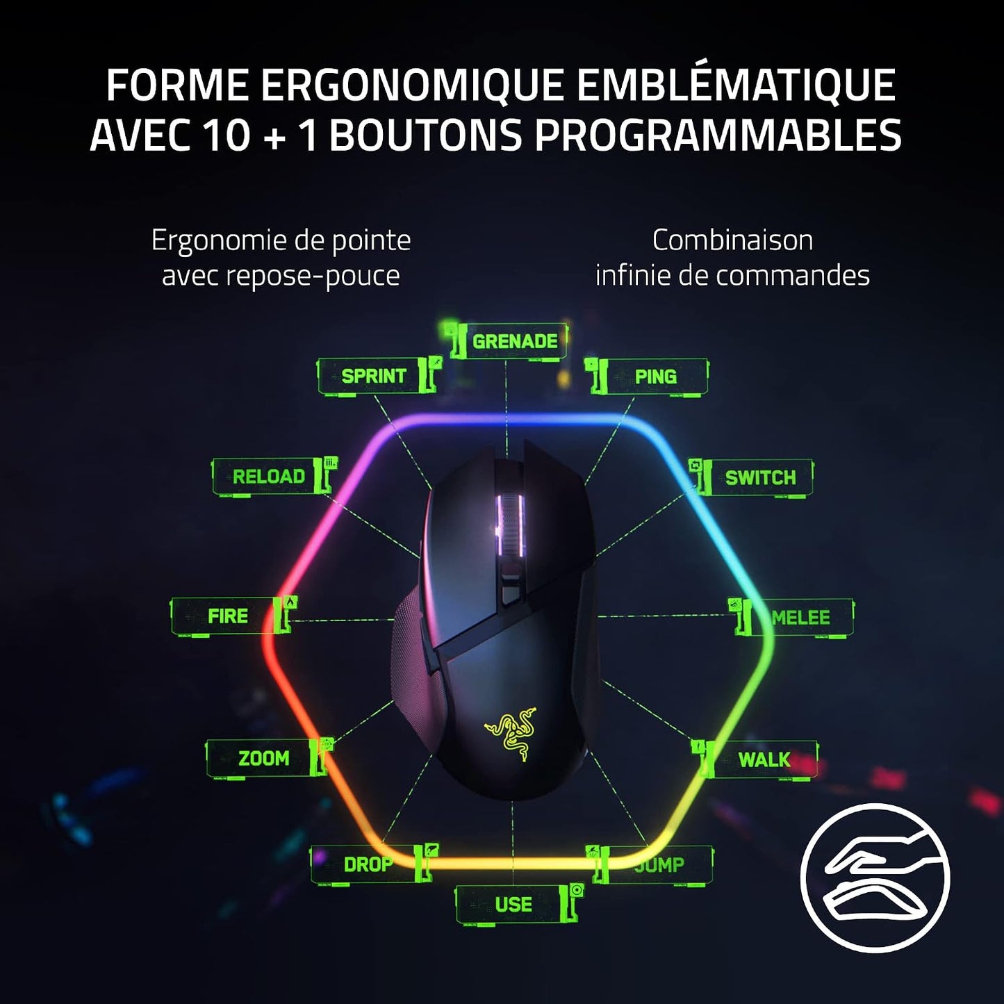 Razer Basilisk V3 Pro - Souris Gaming Sans Fil (Molette Hyperscroll Tilt, Capteur Optique Focus Pro 30K, Eclairage Chroma 13 Zones, 10+1 Boutons Programmables) Noir