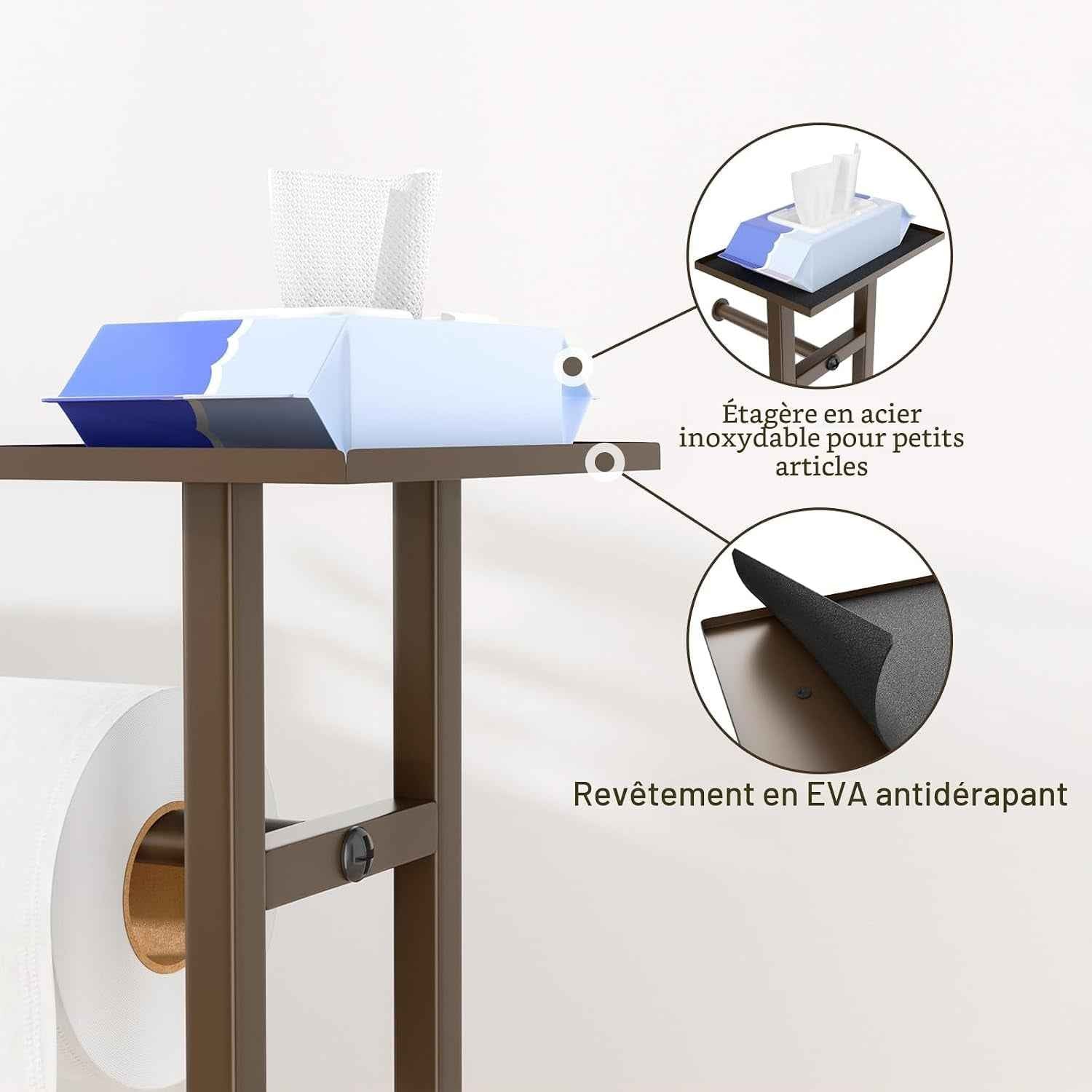 Porte-Papier Toilette En Acier Inoxydable Avec Brosse WC Et Étagère - Support Debout