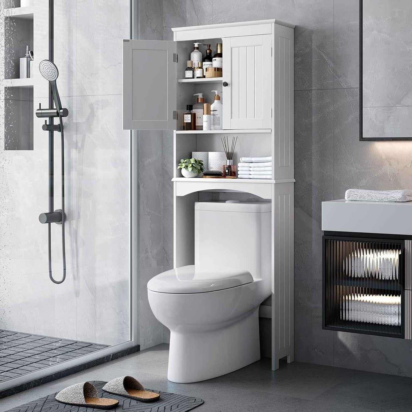 Meuble WC, Étagère De Toilettes Sur Pied, Meuble Toilette Avec 2 Portes, Étagères Réglables Et Compartiments Ouverts, Blanc