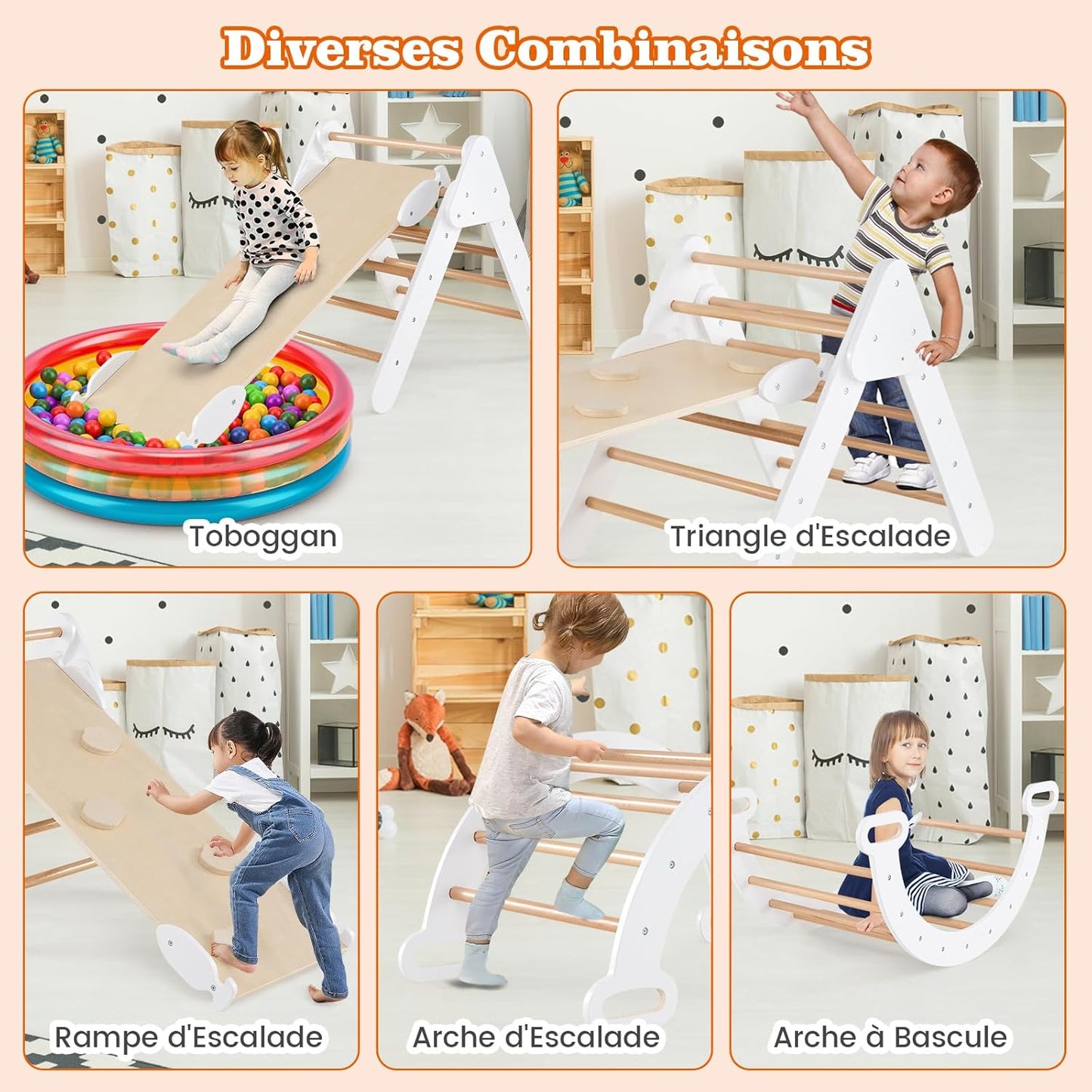 GOPLUS 7 en 1 Triangle Arche Montessori, Arche d'escalade Enfants avec Toboggan Bois,Rampe, Échelle Réglable, Charge 50KG, pour Tout-Petits Bébé 1 Ans+(Gris)